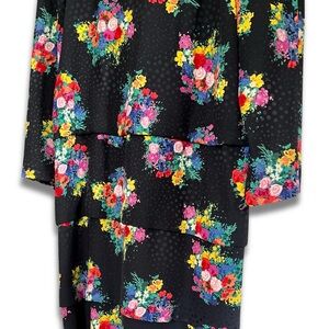 Albert Nipon Silk Midi Dress Black Polka Dot Floral Bow Back Vintage Tailored 4